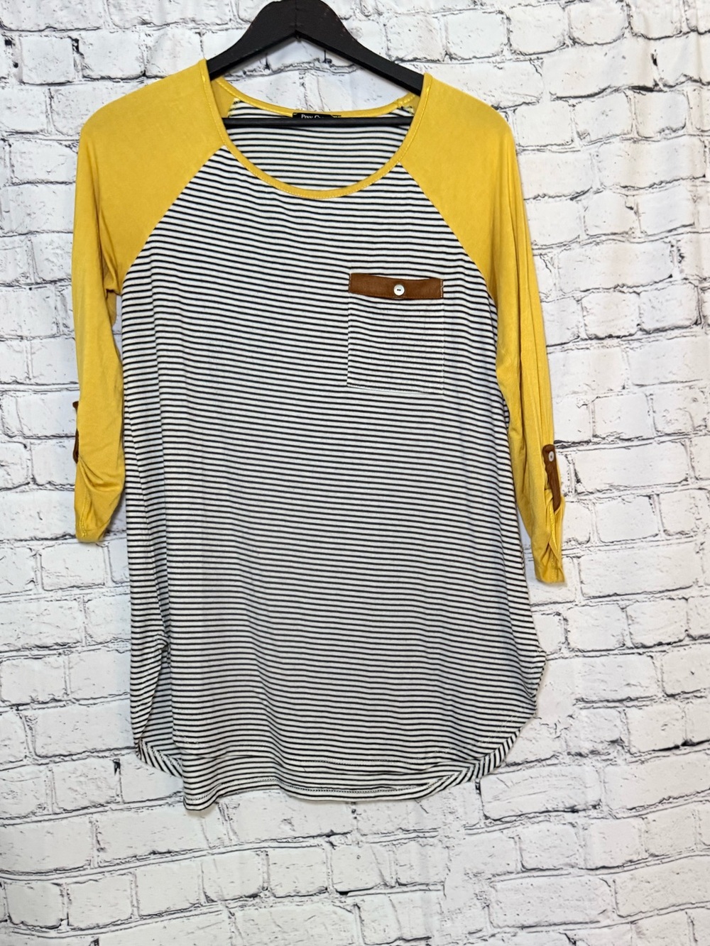 Pink Clover. Striped Raglan Sleeve Top with Mustard Accents. Size XL